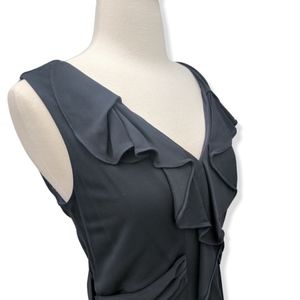 Black ruffle V neck midi dress | short sleeves